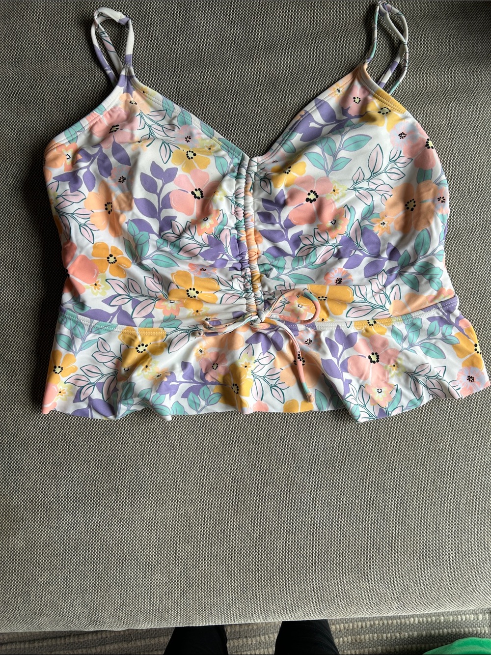 Floral Ruffle-Hem Bikini Top in Pastel Yellow, Lavender & Peach